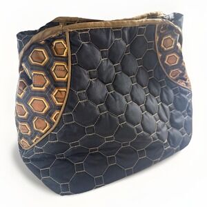 Cinda‎ B Quilted Shoulder Bag Tote Jet Set Black / Geometric Print Pattern
